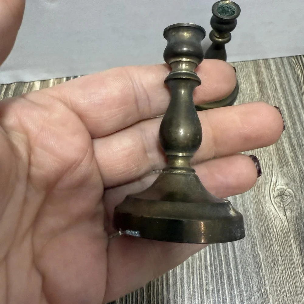 Vintage‎ dark patina brass miniature  Candlesticks pair